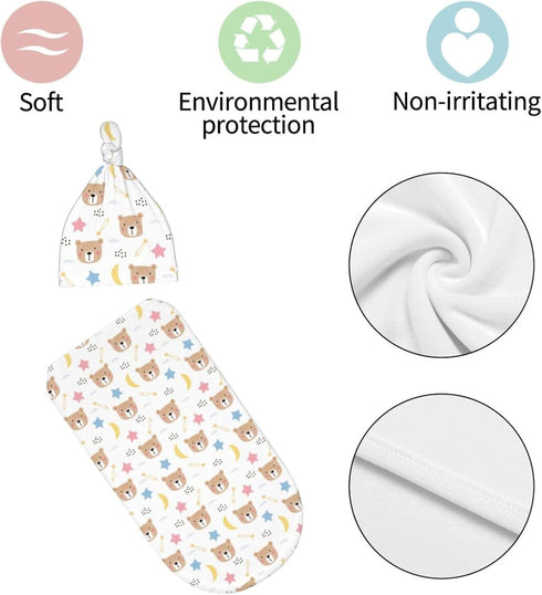 JGUcxnv Set 0-6 Bear Newborn Swaddle Blanket with Beanie Hat, Soft Stretchy Baby Swaddle Sack and Adjustable Knot Hat