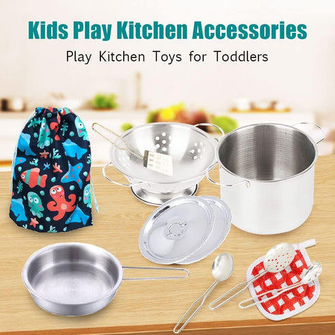 Tiny Cookware Utensils Pretend Play Kitchen Toys, Stainless Steel Cooking Set, Montessori Kitchen Playset for Kids,