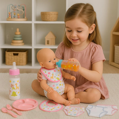 13-Piece Set Set 1218 My Sweet Baby Doll Feeding & Diaper Bag Disappearing Milk Bottles, Bibs, Pacifiers, Diapers