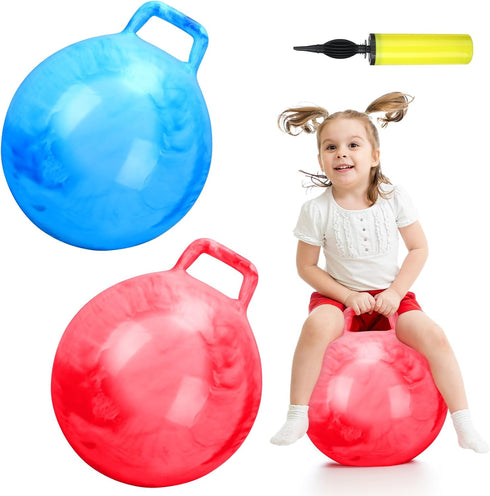 2 Pcs 18 Inch Hopper Ball Jumping Balls with Air Pump, Bouncy Balls for Kids Exercise, Marbled Red & Blue