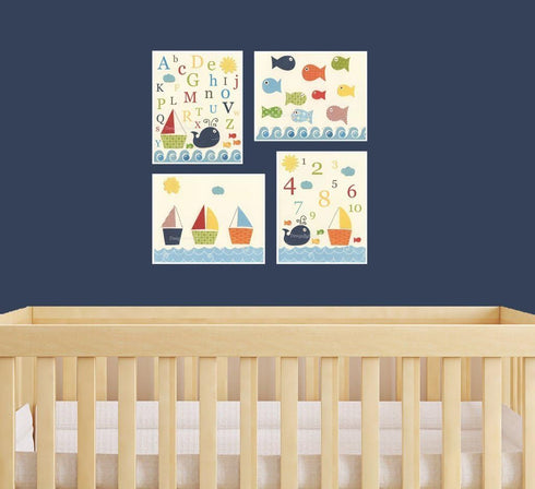 Set 4 Bathroom print for kids Nursery wall art Baby shower gift Jackson Nursery Decor Alphabet Number Whale Fish