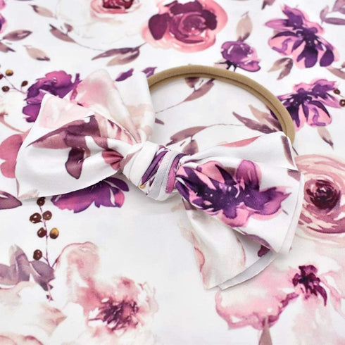 Baby Swaddle Blanket Newborn Girl, Swaddle and Headband Set with Purple Flowers Floral Print Wrap Shower Gift