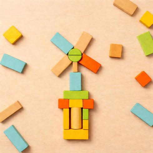 Set, 72 Natural Wood Building Blocks Pastel Color Pieces Castle Construction Blocks with Storage Tray, Educational STEM