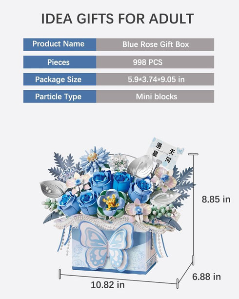 Set, 998 (1968) Mini Portable Block Flower Blue Rose Creative Eternal Flower Gifts Box with Romantic Light, Home Decor
