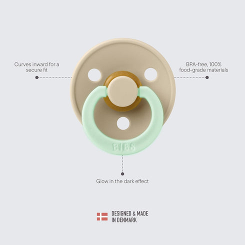 2-Pack, Dummy 2 (6-18 BIBS Colour Glow Soother Glow in The Dark BPA Free Pacifier, Round Nipple. Natural Rubber Latex