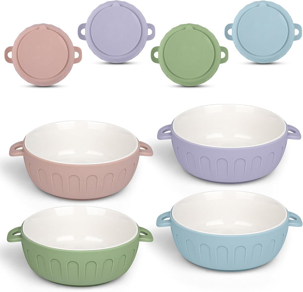 iNeibo 4 Packs Porcelain Baby Bowls with Silicone Sleeve for Toddler Feeding,