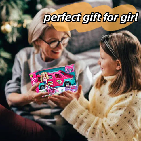 Doll Camper Van Playset for Girls, Portable Doll Car Play with Doll Furniture, Pool & Accessories