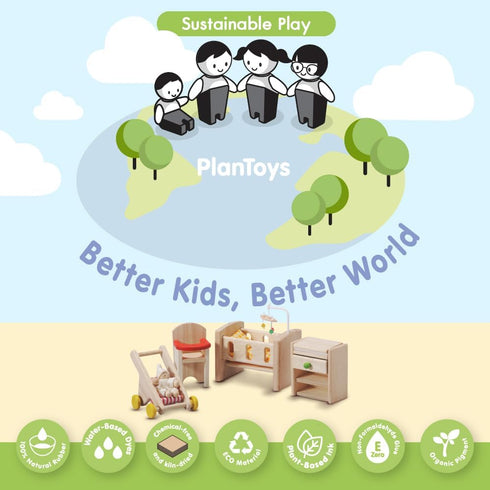 PlanToys Nursery - Wooden Dollhouse Accessories Featuring Baby Figure, Stroller, and Furniture Pieces