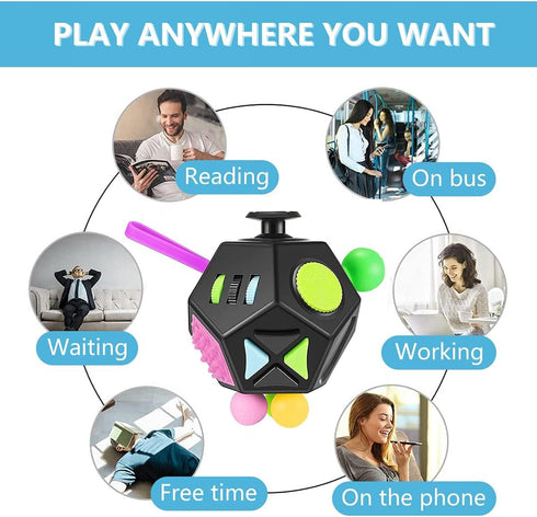 12 Sided Fidget Cube Toys, Stress Relief for Kids and Adults with ADD, OCD, ADHD, Autism (Black / B2)