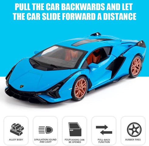 1/24 Diecast Car Toys for Kids - Zinc Alloy Lambo Sian FKP 37 Model Toy Car with Light and Sound (Blue)