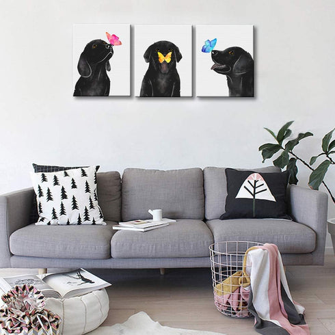 3 12"x16"x3 KLVOS Dog Animal Wall Art for Nursery Room Butterfly on Dog Nose Kids Bed Room Wall Decor Panel Black