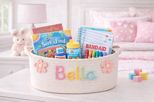 Set Personalized Baby Gift Basket for Girls Custom Name Rope Storage Bin with Flower Decor Decorative Nursery Caddy