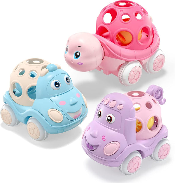 Baby Girl Toy Cars, Pink Push and Go Trucks Rattles for Infant Toddler Girls, Soft Rattle Car Gifts