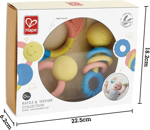 Hape Rattle & Teether Collection | 3-Piece Rattle & Teething Set for Babies in Soft Colors