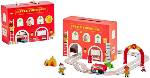 Petit Collage Wind Up Toy Playset, Little Firehouse – Wooden Toddler Toy Set with Wind-Up Fire Truck, Track Pieces, and Pop-Out Play Pieces – Activity Toy for Ages 3+ – Makes a Great Gift Idea