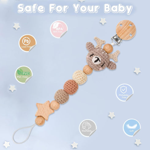 Cute Animal Pacifier Clip for Boys and Girls, Baby Teethers & Most Pacifiers, Baby Shower Essentials (Elk)
