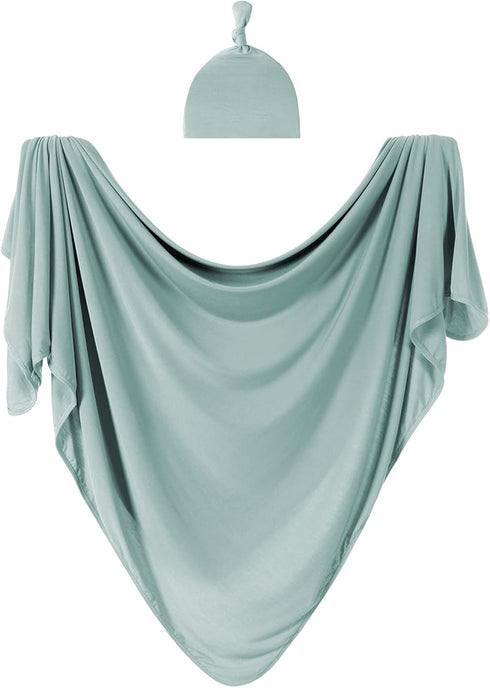 Large Jersey Knitted Swaddle Blanket for Baby, Soft Stretchy Receiving Blanket with Hat, 47 x 47 inches (Seafoam)