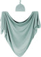 Large Jersey Knitted Swaddle Blanket for Baby, Soft Stretchy Receiving Blanket with Hat, 47 x 47 inches (Seafoam)