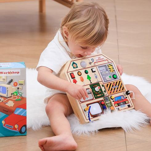JAUNTY Montessori Wooden Busy Board - Toddler Sensory Toys with LED Light Switches, Travel Toys for Ages 1-3