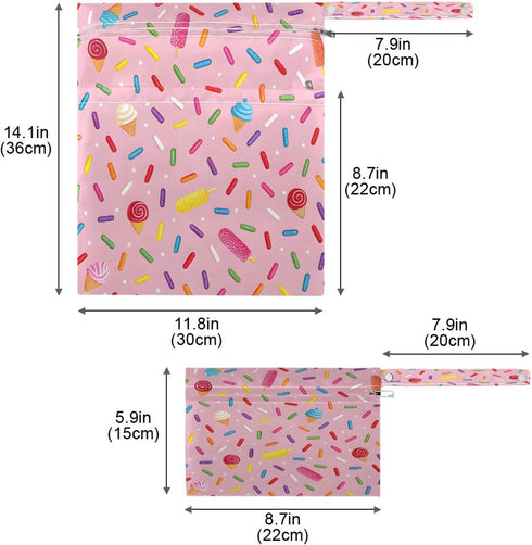 Haskirky 2 Ice Pream with Sprinkles Pcs Cloth Diaper Wet Dry Bags,Waterproof and Washable Bag for Travel Reusable Wet