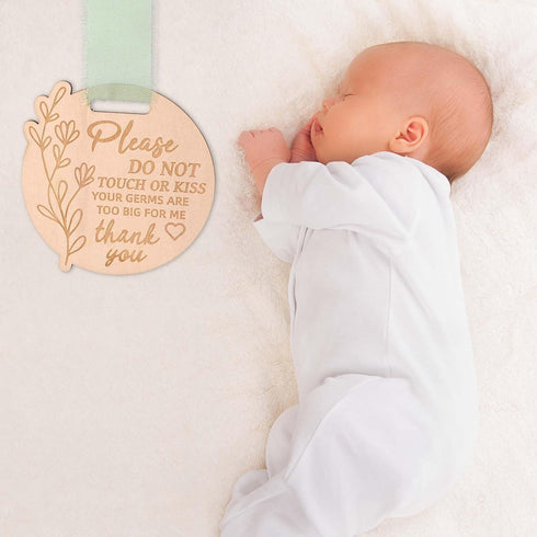 lasuroa Please Do Not Touch or Kiss Baby Sign, Wooden Round Baby Stroller Tag with Ribbon Please Dont Touch Sign No