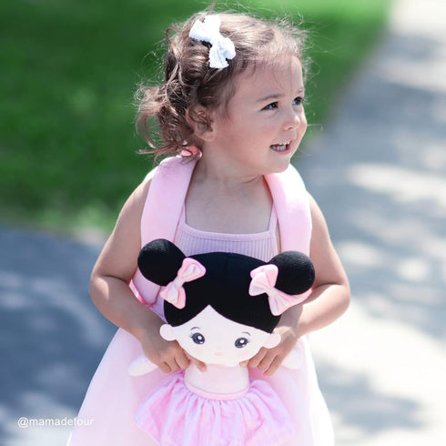 OUOZZZ Soft Baby Doll for Girls - My First Baby Doll, Plush Rag Doll with Black Hair & Pink Dress for Toddlers