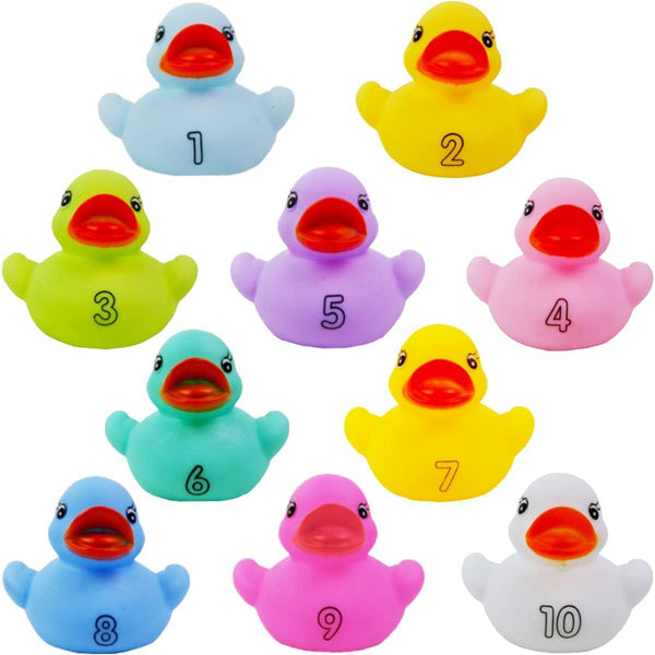 10 Pack: Numbers Counting Rubber Ducks Colorful Bath Toys - 1, 2,