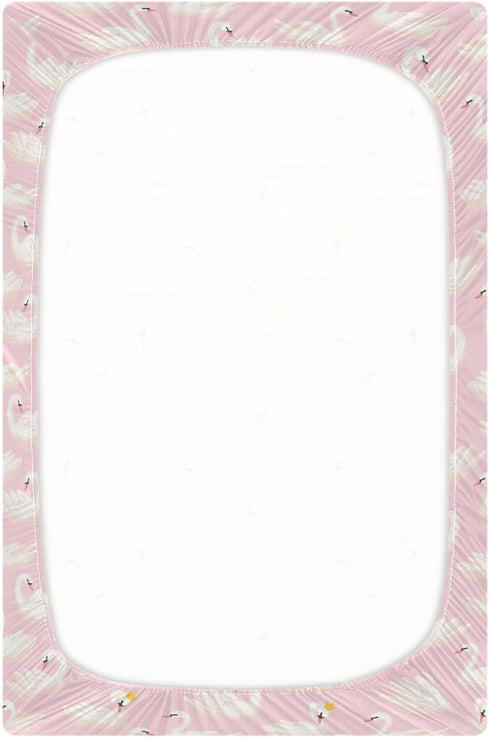 Fitted Crib Sheets Pink Cute Swan Animals - Stretchy Portable Playard Sheets for Baby Toddler, 39 x 27 in for Boys and