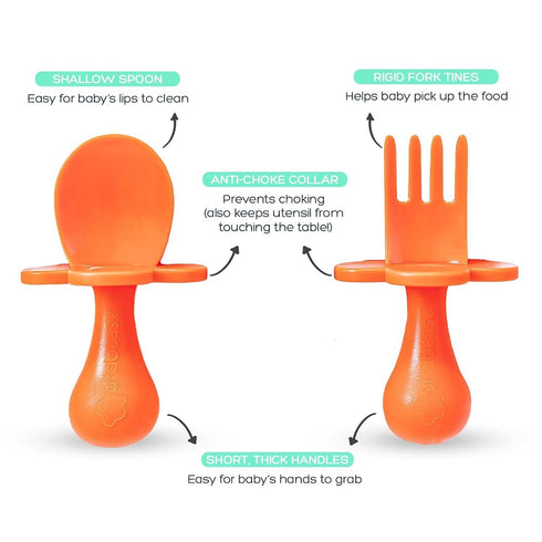 Grabease Baby Fork and Spoon Set, BPA-Free Self-Feeding Cutlery for Toddlers, Orange Utensils