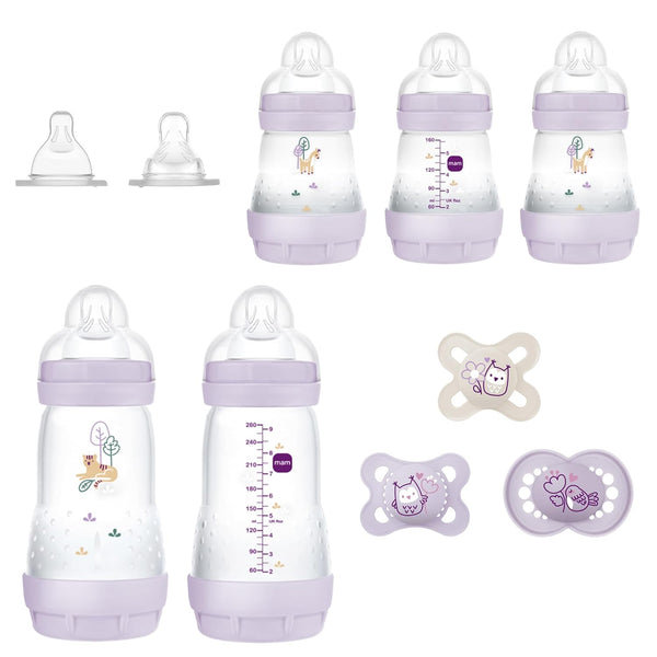 MAM Newborn Essentials "Baby Essentials" Matte Gift Set (10-Piece), Anti-Colic Baby Bottles, Assorted Color