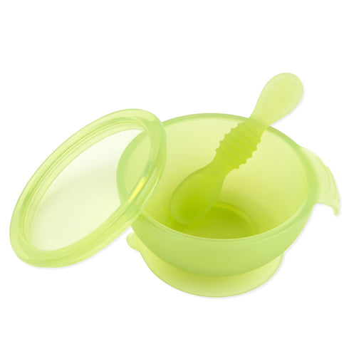 Bumkins Baby Bowl, Silicone Feeding Set with Suction, Includes Spoon and Lid, First Feeding Set, Green Jelly for Baby