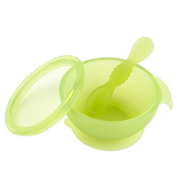 Bumkins Baby Bowl, Silicone Feeding Set with Suction, Includes Spoon and Lid, First Feeding Set, Green Jelly for Baby