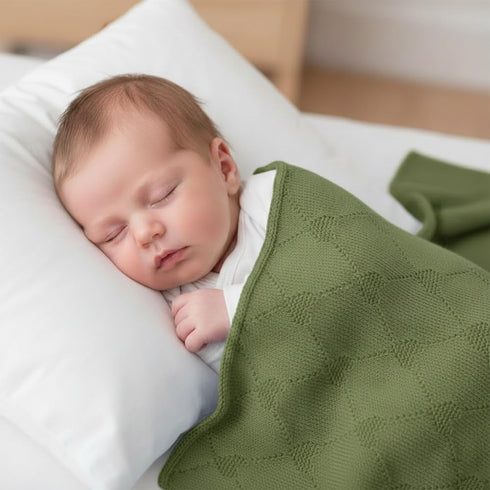 Green-30x40 Cotton Baby Blanket with Heart Patter Soft Breathable Newborn Blanket for Boys & Girls, Lightweight Knit