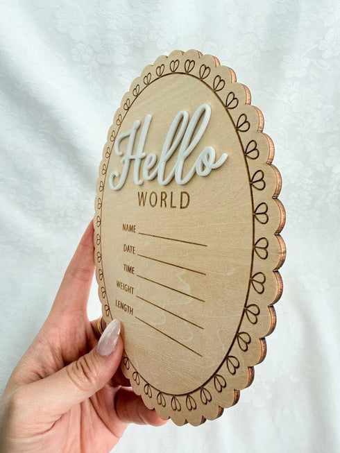 Kemmintvn Hello World Baby Wooden Ornament, Newborn Birth Announcement Plaque, Baby Milestone Keepsake, Nursery Decor