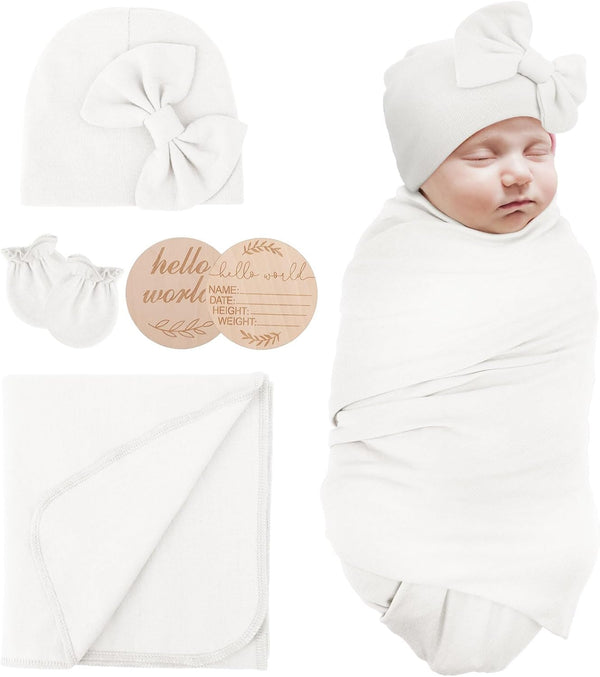 AQOKKA Newborn Receiving Blanket with Bow Hat Mittens Wooden Card Set Newborns