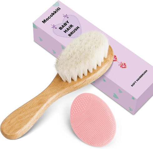 Mocokkiti Set Set (2PCS) Baby Hair Brush and Pink Cradle Cap Brush for Newborns and Toddlers, Wooden Baby Hair Brush