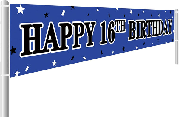 Large Happy 16th Birthday Banner, Blue 16 Years Old Party Sign, 16th Birthday Supplies Decorations (9.8 x 1.6 ft)