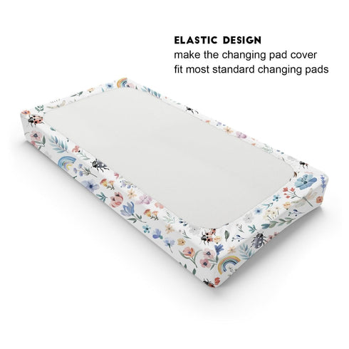 Spring Garden Flowers Rainbow Changing Pad Covers, Watercolor Insects Sheets for Boy Girl, 32''x16''