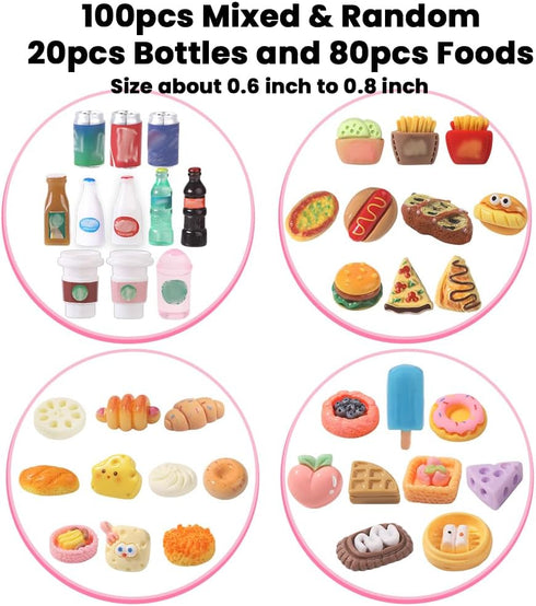 DULEFUN 100pcs Miniature Foods Drink Bottles Toys, Mixed Mini Resin Food Drinks Figures Pretend Play Kitchen Game Party