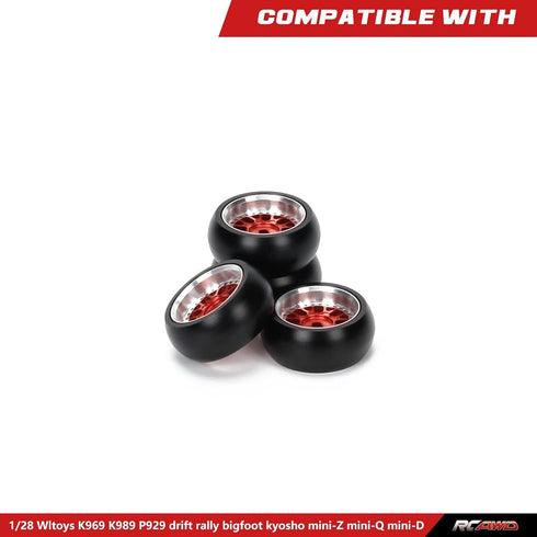 RCAWD RC Rims and Tires for 1/28 Wltoys Kyosho Mini-Z, Mini-Q, Mini-D, K969 K989 P929 Drift Rally Upgrades, No More Glue RC Wheel Parts with Larger Outer Diameter 26.8mm Red