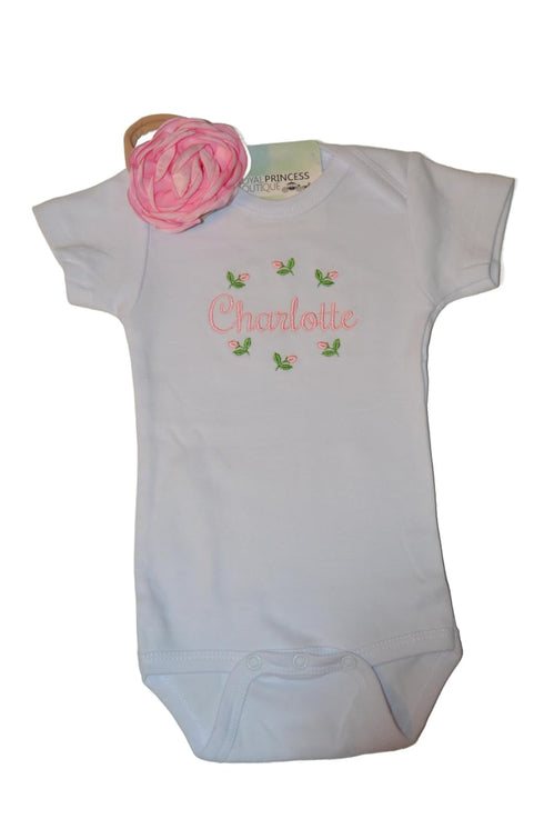 Set Personalized Baby Girl Rosebud Gift Includes Burp Cloth Bodysuit Headband and Ruffle Bib