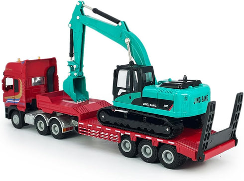 Flatbed Truck Toy with Crawler Excavator - Metal Diecast Construction Vehicles 2 in 1 Vehicle Playset for Boys