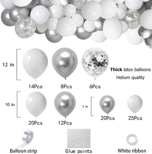 White and Silver Balloons Garland Arch Kit, 5"10 Inch 12" Metallic Confetti Latex Balloons for Party Decor