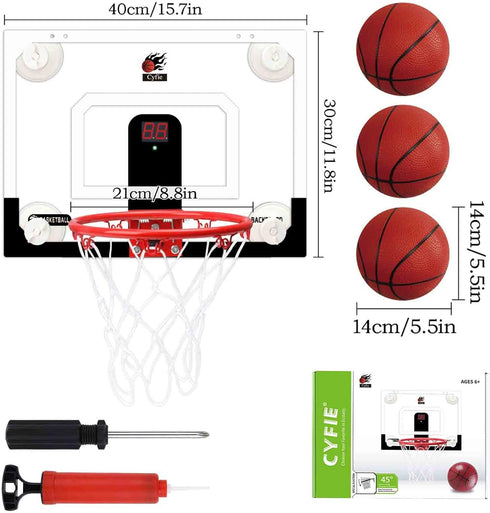 CYFIE Indoor Mini Basketball Hoop, Suction Cup Set with Scoreboard, Sound, 3 Balls for Kids Gifts