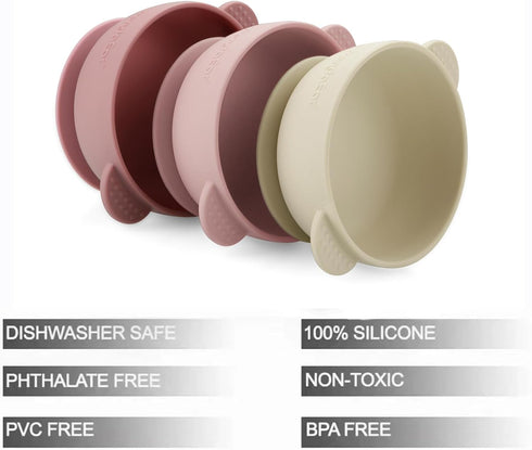 PandaEar 3 Pack Baby Bowls with Suction, Soft Safe BPA-Free Silicone Food Bowl for Babies, Kids, Toddlers (Pink)
