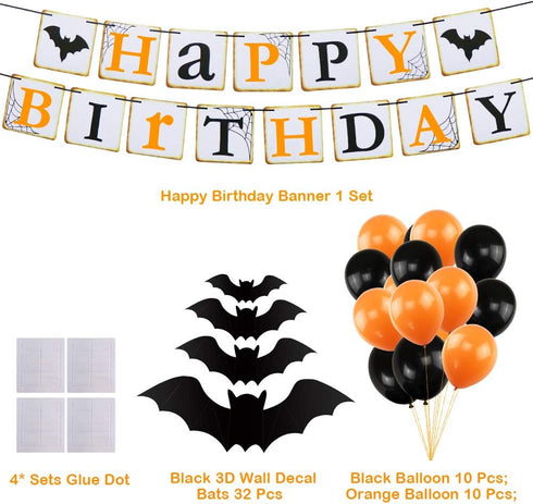 Halloween Party Decorations - Orange Black Latex Balloons, Happy Birthday Banner, 32pcs Black Vampire Bats