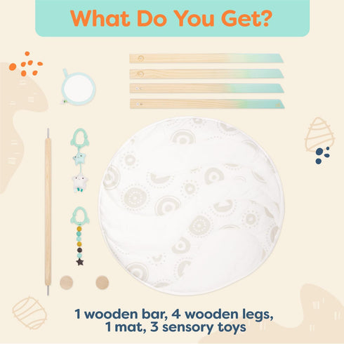 3 B. toys Wooden Baby Play Gym Activity Mat Starry Sky Hanging Sensory Toys Natural Wood Babies, Infants