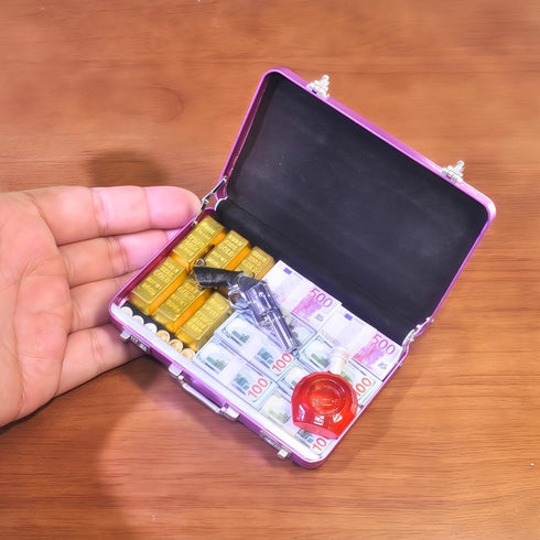 EKKZ 1:6 Set $100 Scale Miniature Briefcase - Includes Fake Gold Bars, Bundles of Mini Dollar Bills, Vintage Coins
