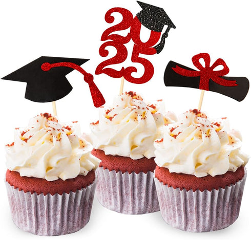 Red Glitter Graduation Cupcake Topper Class of 2025, Food/Appetizer Picks for Graduation Party (24pcs)