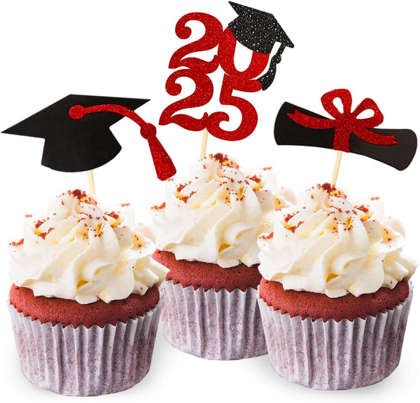 Red Glitter Graduation Cupcake Topper Class of 2025, Food/Appetizer Picks for Graduation Party (24pcs)
